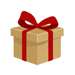 Cardboard gift box tied with red ribbon bow, isolated vector illustration