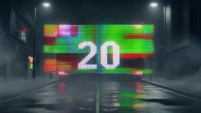 Dynamic city-street scene at night featuring a large, vibrant digital display with a striking '20' and colorful glitch-art effects, reflecting on wet asphalt