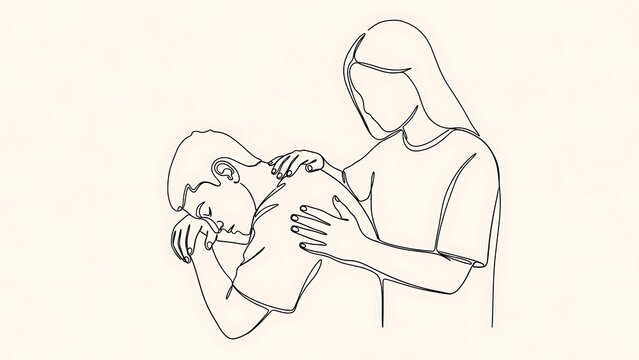 One line art simple line drawing illustration depicting one person comforting another who appears distressed or sad, isolated on white background