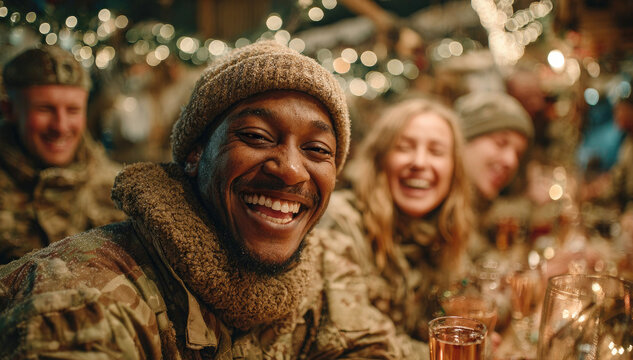 A Black African-American soldier in military uniform celebrates Christmas with friends at a pub. Diversity people celebrate New Year's together.