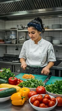 Chef Chopping Vegetables in Commercial Kitchen Footage