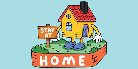 Stay at home cartoon, anthropomorphic house, public health message, red roof, blue door, safety awareness, flat vector illustration
