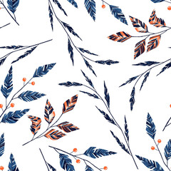 Frosty leaves. Seamless floral pattern of twigs on a white background. Digital drawing.