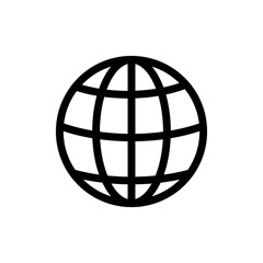 Global internet symbol icon showing a stylized earth globe grid for digital communication and worldwide network connection sign