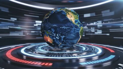 Rotating Earth globe on futuristic platform for news, technology, and global business presentations with dynamic modern design, use for global impact