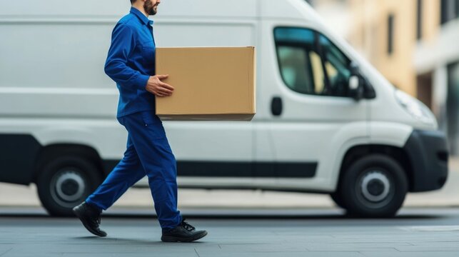 Delivery Driver in Blue Uniform Stepping Out of White Van with Large Parcel Urban Background with Buildings and Street