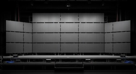 Modern Stage Backdrop with Geometric Panels and Lighting Rig.