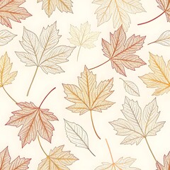 Seamless autumnal pattern featuring fall maple and oak leaves in yellow, orange, and brown tones