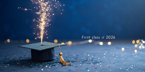 Graduation celebration with sparklers on a cap and tassel featuring the class of 2026 text and bokeh lights