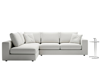 Fototapeta premium Modern white sectional sofa with plush cushions and a small side table isolated on transparent background