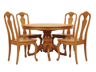 Elegant wooden dining table with four ornate chairs in a classic design isolated on transparent background