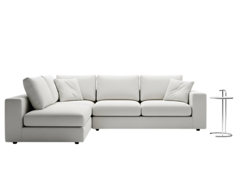 Modern white sectional sofa with plush cushions and a small side table isolated on transparent background