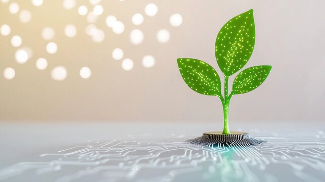 Innovation Tree Growing from Circuit Time lapse of a plant growing from a circuit board, white background, visualizes the growth of sustainable innovation