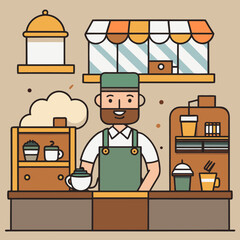 Friendly barista serves coffee behind a counter in a modern cafe