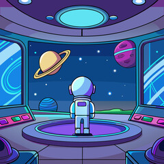 Astronaut gazes out spaceship window at colorful alien planets and stars