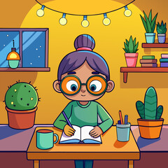 Young girl with glasses happily writing in a notebook at her desk