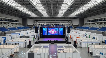 Spacious Indoor Arena Stage Setup with Seating and Exhibition Booths.