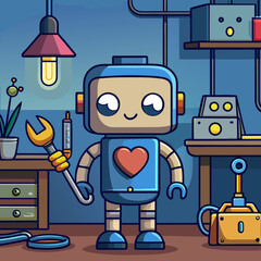 Cute robot with heart and wrench in workshop