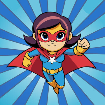 Cute cartoon superhero girl flying with red cape and blue suit