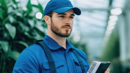 Delivery Worker in Blue Uniform and Cap Efficiently Scanning Barcode on Parcel for Tracking and Inventory Management