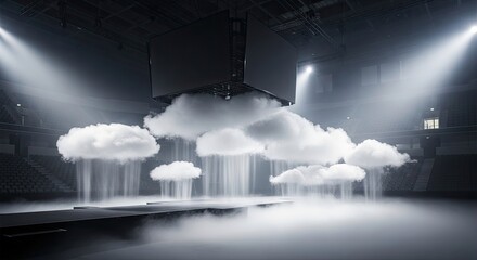 Artistic Cloud Installation with Light and Fog in Dark Room.