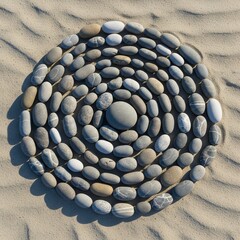 Stones In Concentric Rings On Rippled Sand With Central Pebble Minimalist Geometric Composition
