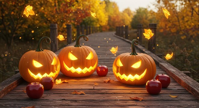 Enchanting Autumnal Halloween: Glowing Jack-o'-lanterns on a Rustic Bridge