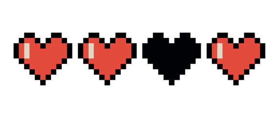A video game health bar shows three red hearts and one black heart, indicating partial health.