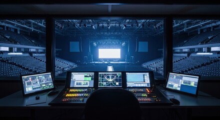 Control Room View of Stage and Arena with Multiple Monitors.