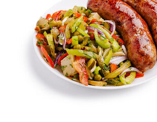 Delicious sausage with fresh vegetable salad served on a white plate