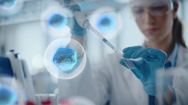 Laboratory Scientist Use Pippete for Experimental Solution Into Test Tube. Concept of Digitally Visualized Cells in Molecular Biology, Regenerative Biotechnology, Healthcare Innovation in Medicine
