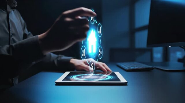 Professional using tablet with holographic real estate interface displaying house surrounded by property search, financial analytics, growth charts, dollar symbols and percentage rates. Digital