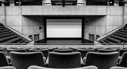 Empty auditorium with rows of seats facing a large screen.