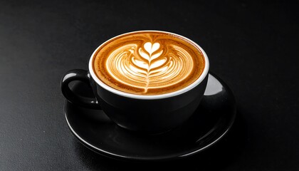 Close-up of a black mug filled with latte art, placed on a black saucer against a dark background