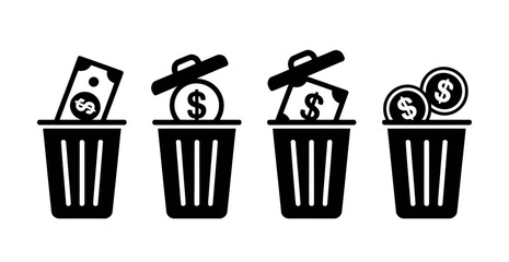 Four trash cans are shown with dollar bills and coins being thrown away, symbolizing financial waste.