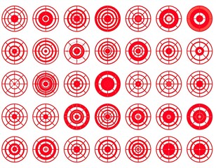 Collection of diverse red target symbols in a grid pattern on white background
