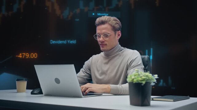 Stock Analyst Studies Real Time Candlestick Charts on Laptop, Surrounded by Financial Data, Monitoring Volatility, Executing Trades, Managing Investment Portfolio. 360 Degree Tracking Arc Shot