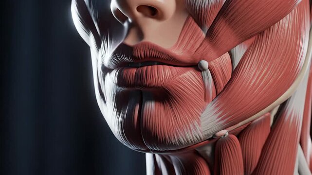 Cinematic Orbit Around Human Facial Muscles, Focusing on Mouth and Jaw