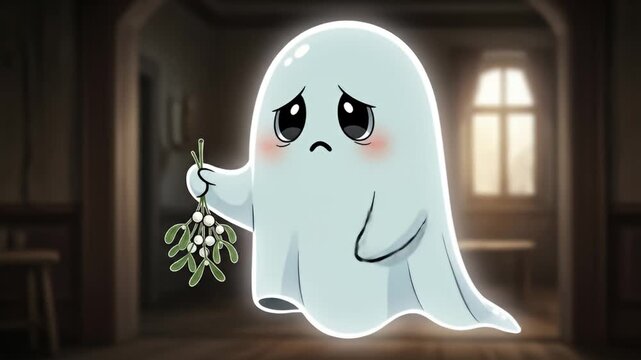 Cute Sad Ghost Holding Mistletoe in a Haunted House.