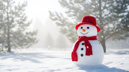 Fototapeta premium Winter Snowman Holiday Scene – festive Christmas snow landscape with cute snowman, magical snowfall and dreamy winter background for seasonal greeting and decorative design