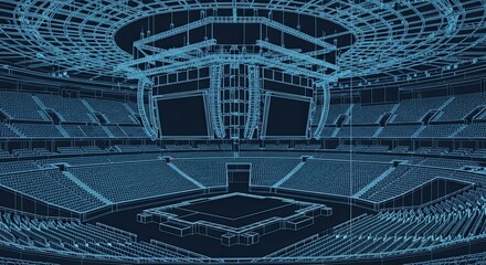 Futuristic Digital Wireframe Stadium Arena with Blue Light.