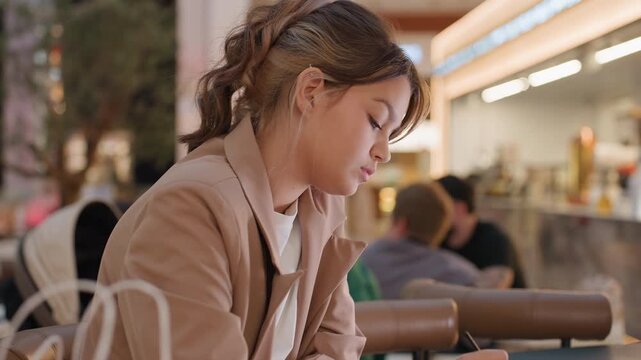 stylish shopper sketching between purchases at mall, shopping bags on table, watercolor set open, attentive posture, casual fashion vibe, balancing retail and creative hobby in lively public space