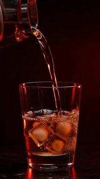 Cinematic Pour Amber Whiskey With Ice Cubes Dark Red Lighting