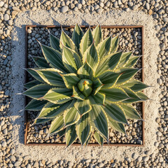Succulent with Green White and Yellow Striped Leaves in Square Metal Frame Surrounded by Pebbles and Sand Captured in Top Down View Highlighting Radial Symmetry and Texture