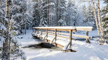 Wooden Footbridge Crossing a Partially Frozen Stream in a Snow-Covered Winter Forest