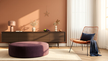 Fototapeta premium Warm and inviting living room with terracotta walls and plush seating