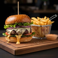 Juicy Cheeseburger with Melted Cheese and Golden Fries