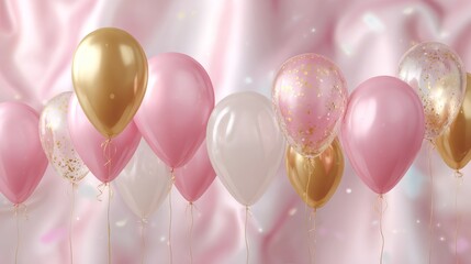 Festive happy birthday celebration background with pink and gold balloons, colorful confetti, and party decorations for birthday cards and event invitations