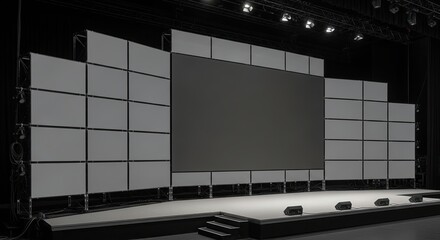 Modern Conference Stage Setup with Video Wall and Panels.