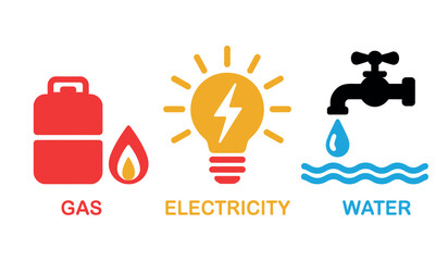 Iconographic representation of gas, electricity, and water utilities as essential services for daily life.